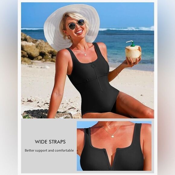 Charmo Women's One Piece Swimsuit Zipper Front Square Round Neck Monokini Small - Picture 5 of 8